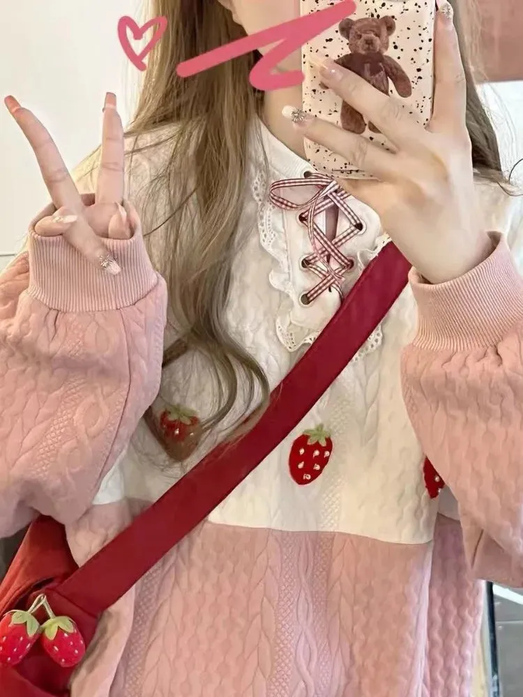 Japan Kawaii Girls Kawaii Cute Sweatshirt Women Patchwork Sweet Simple Preppy Style  Loose Fashion Top Autumn