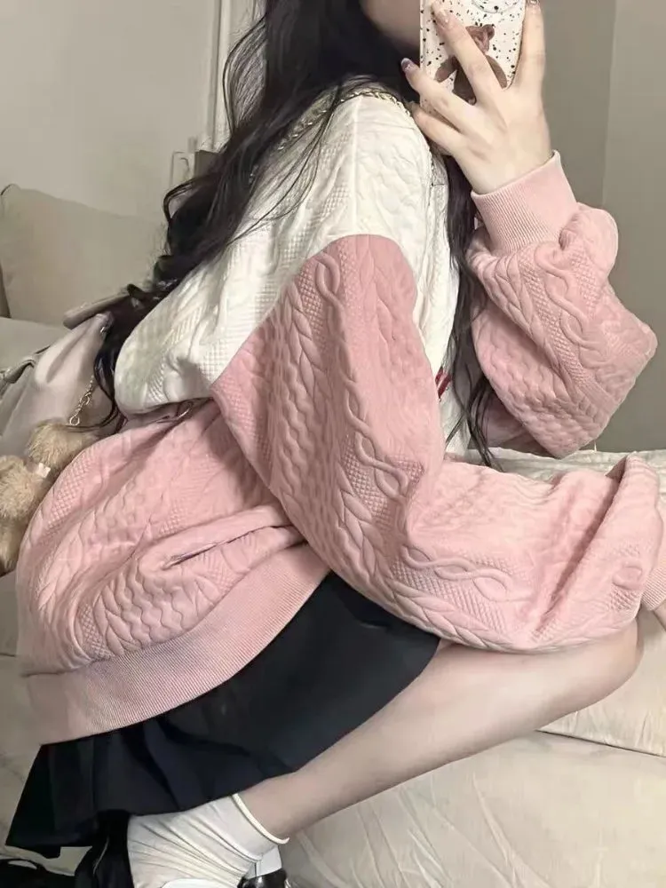 Japan Kawaii Girls Kawaii Cute Sweatshirt Women Patchwork Sweet Simple Preppy Style  Loose Fashion Top Autumn