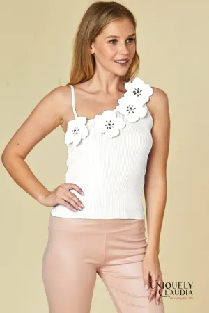 Katelyn Flower Embellished One-Shoulder Ribbed Top