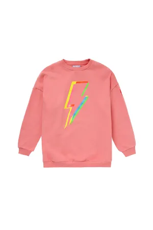 Kids Coral with Rainbow Lightning Bolt Oversized Sweatshirt