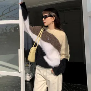 Knitting Sweater For Women Round Neck Long Sleeve Striped Colorblock Casual Vintage Pullover Female Clothing Autumn