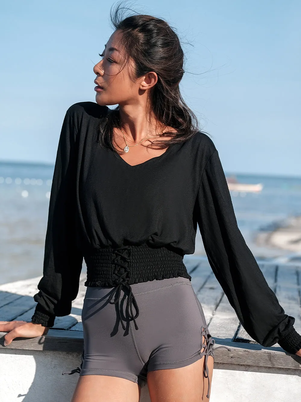 LANIKAR LONG SLEEVE TOP WITH LACE UP DETAIL