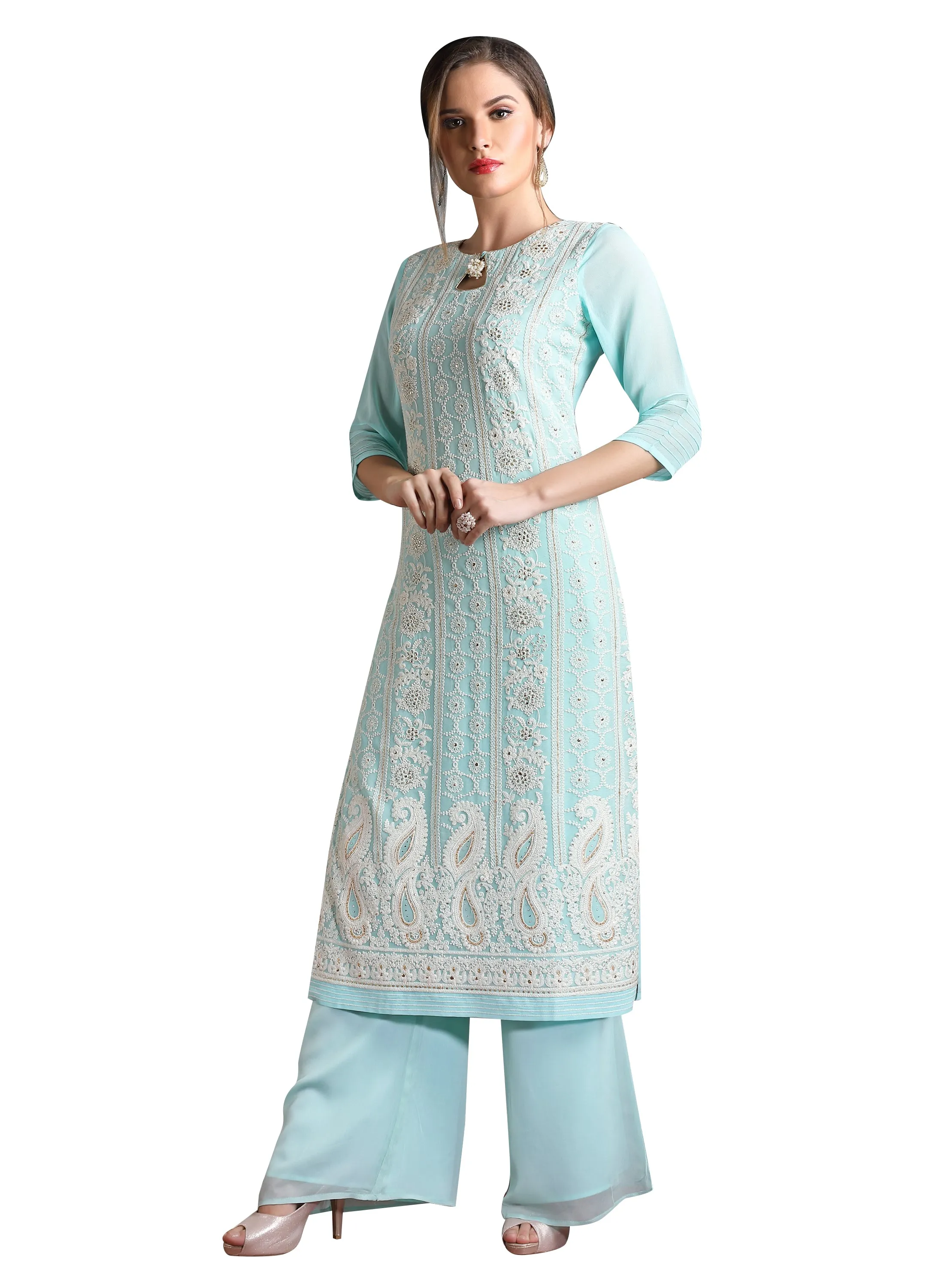 Light Blue Chikankari Georgette Kurta Set/ Tunic Set