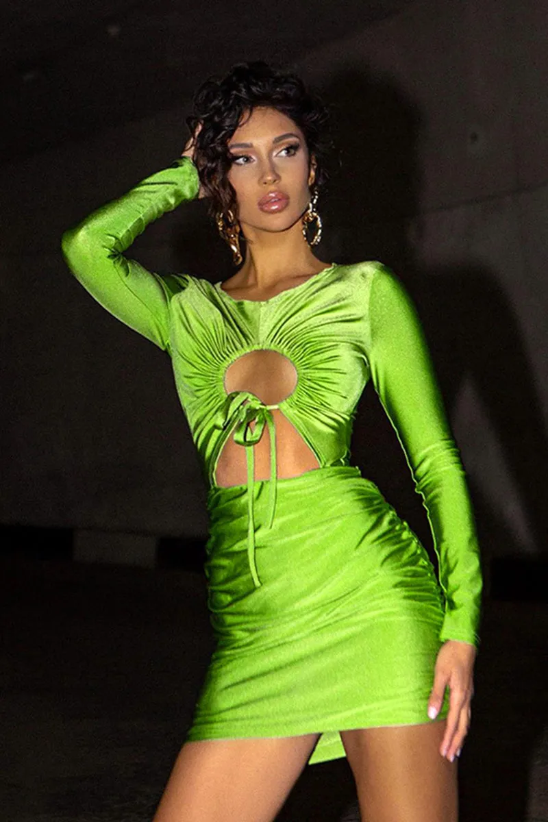 Long Sleeve Ruched Drawstring Cutout Front Bodycon Dress
