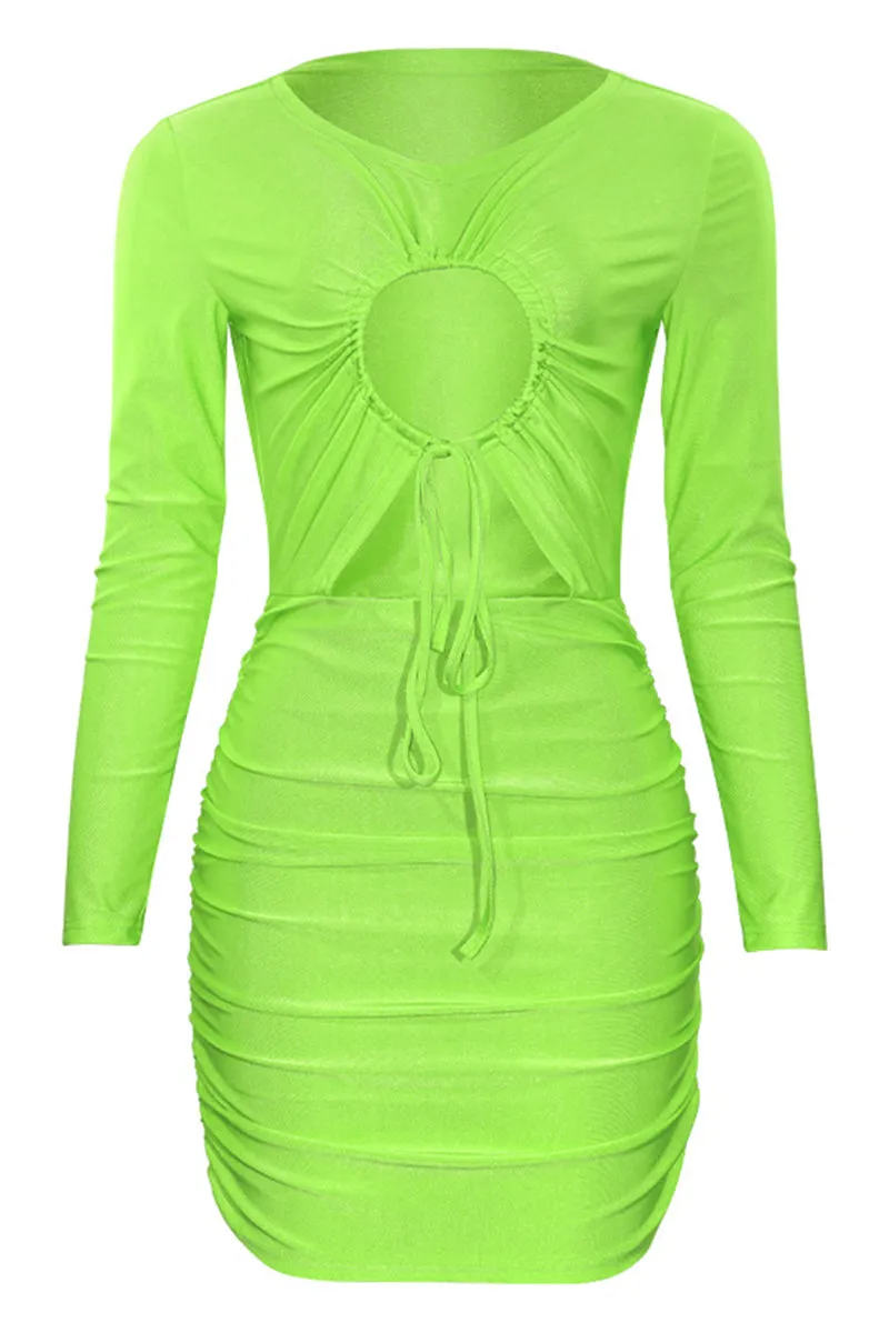 Long Sleeve Ruched Drawstring Cutout Front Bodycon Dress