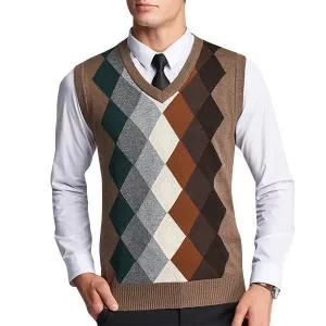 Mens Fleece Woolen Plaid Pullover V-Neck Vests