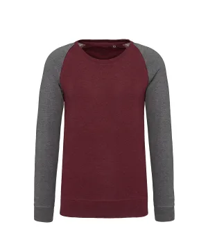 Mens two-tone organic crew neck raglan sleeve sweatshirt | Wine Heather/Grey Heather