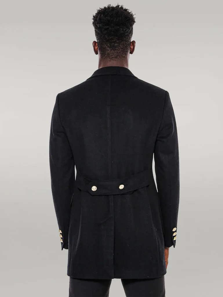 Metal Buttoned Double Breasted Black Men Long Coat - Wessi