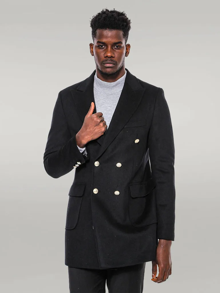 Metal Buttoned Double Breasted Black Men Long Coat - Wessi