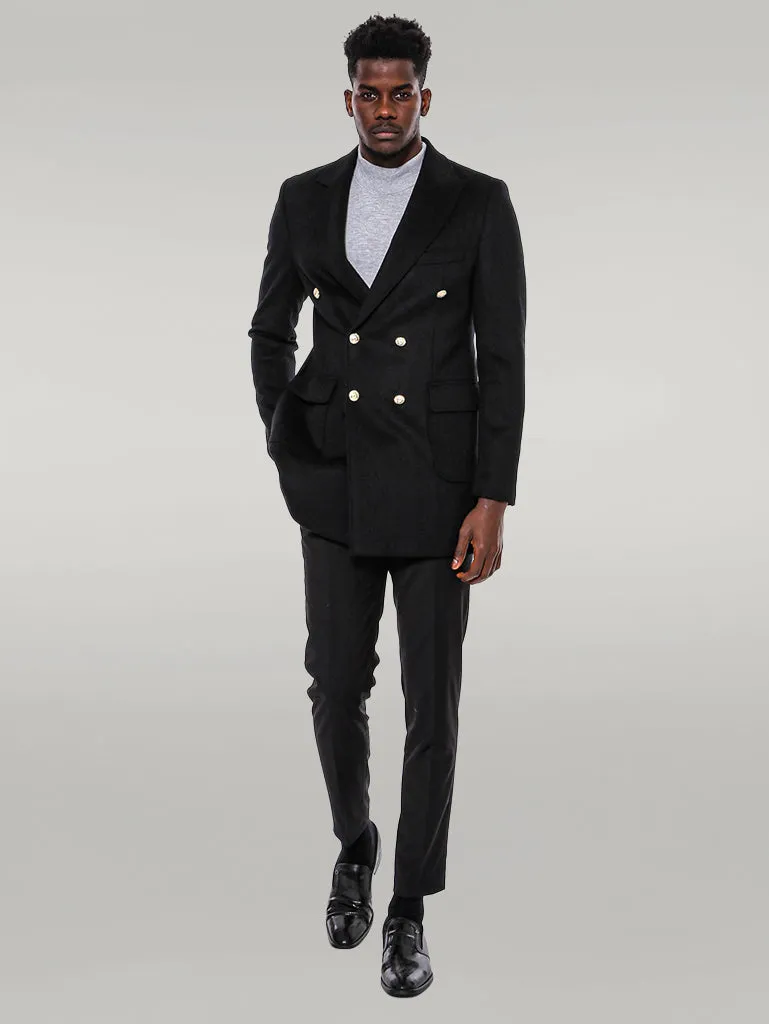 Metal Buttoned Double Breasted Black Men Long Coat - Wessi