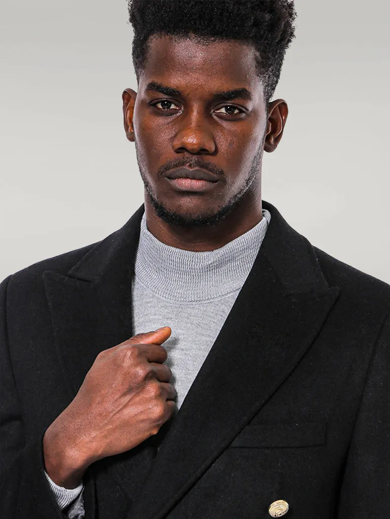 Metal Buttoned Double Breasted Black Men Long Coat - Wessi