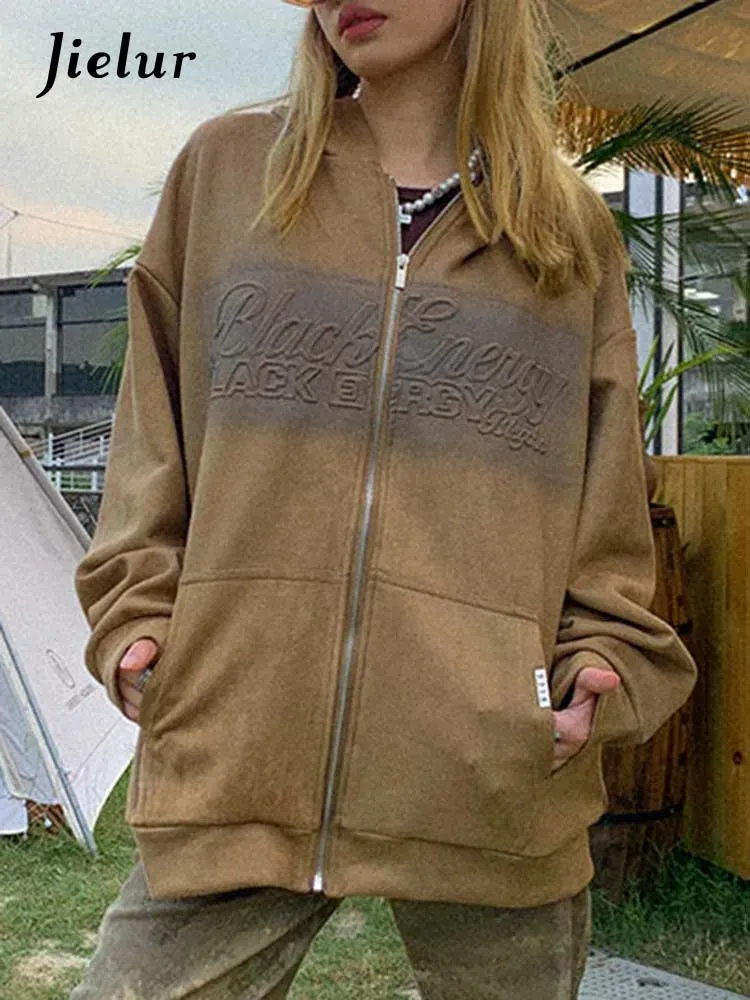 Metaversmall Fashion Letter Winter Women Hoodies Loose Spell Color Pockets O-neck Zip-up Printing Loose Female Hoodie Chic Streetwear
