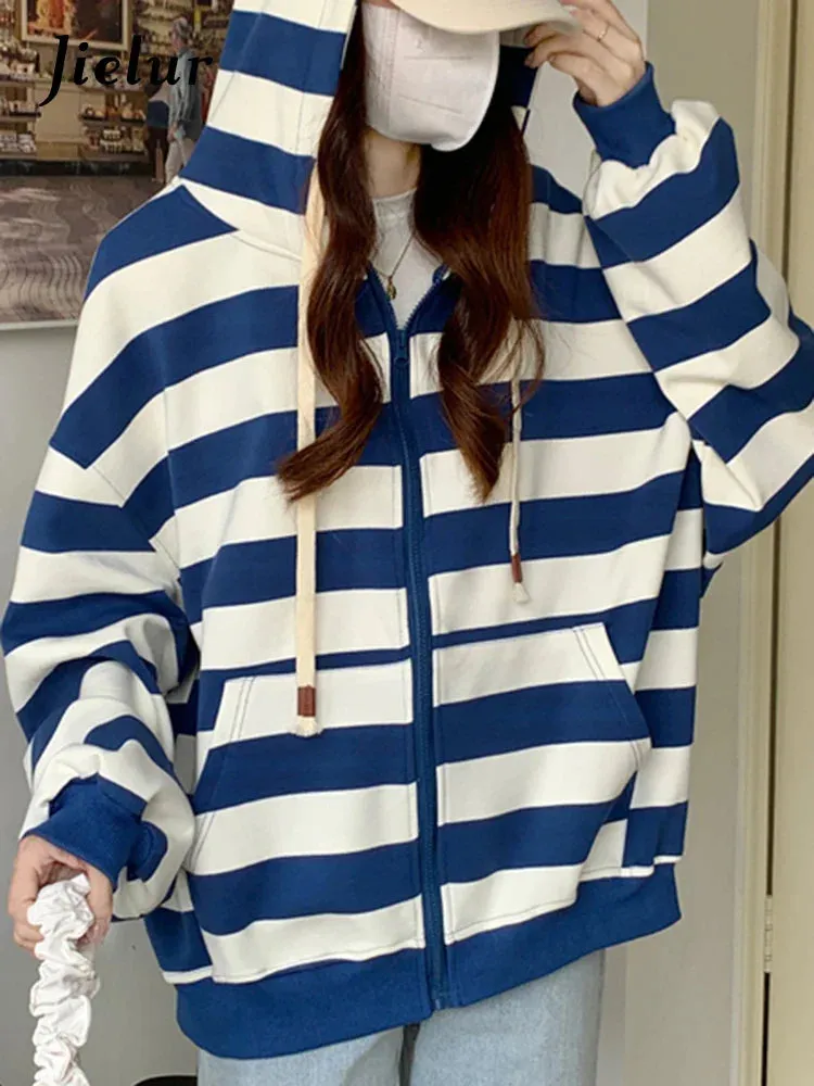 Metaversmall Korean Style Zipper Striped Female Hoodies Autumn Loose Casual Drawstring Streetwear Long Sleeve Women Sweatshirts