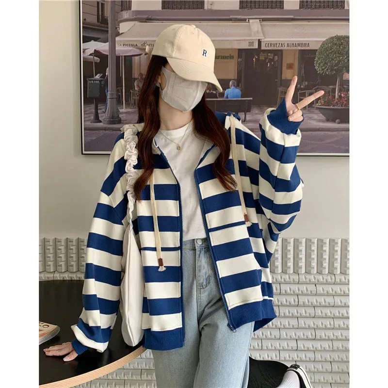 Metaversmall Korean Style Zipper Striped Female Hoodies Autumn Loose Casual Drawstring Streetwear Long Sleeve Women Sweatshirts