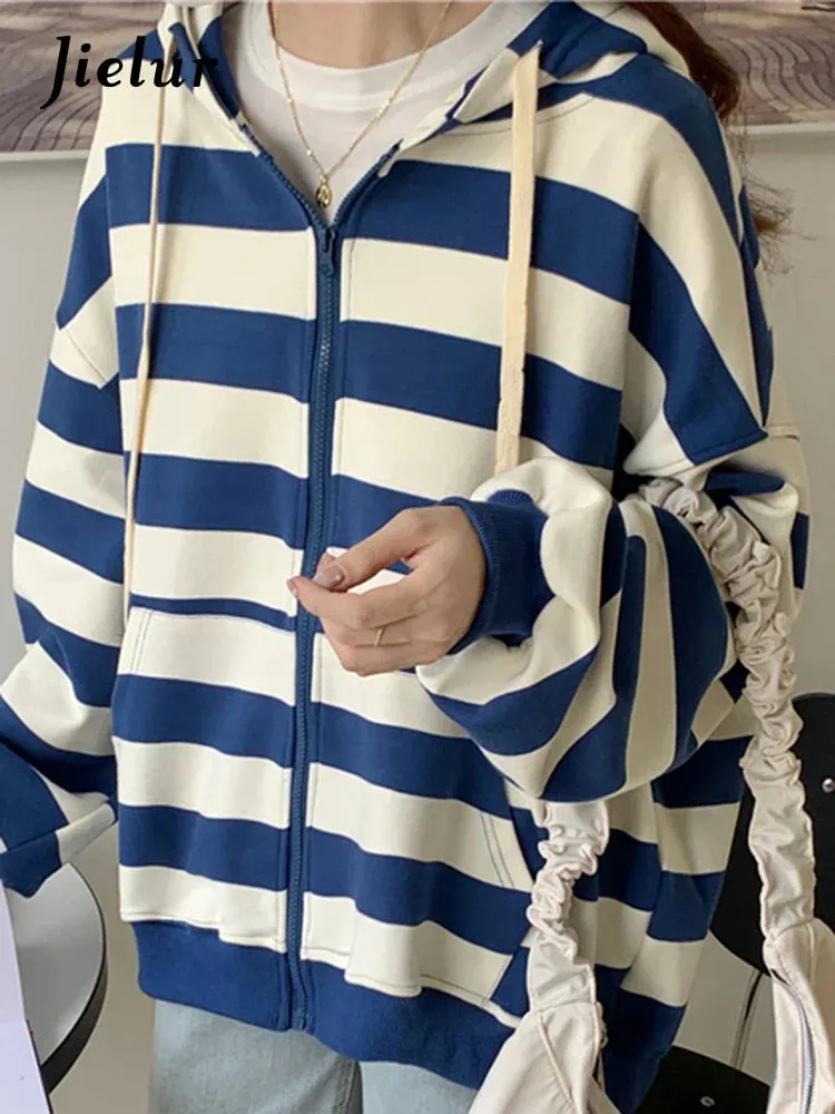Metaversmall Korean Style Zipper Striped Female Hoodies Autumn Loose Casual Drawstring Streetwear Long Sleeve Women Sweatshirts
