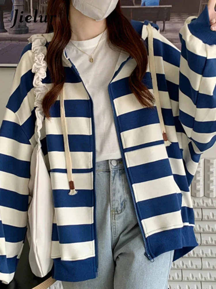Metaversmall Korean Style Zipper Striped Female Hoodies Autumn Loose Casual Drawstring Streetwear Long Sleeve Women Sweatshirts