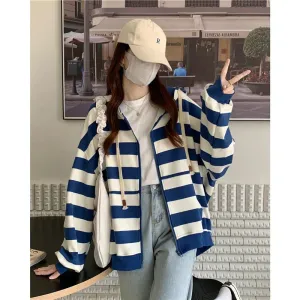 Metaversmall Korean Style Zipper Striped Female Hoodies Autumn Loose Casual Drawstring Streetwear Long Sleeve Women Sweatshirts