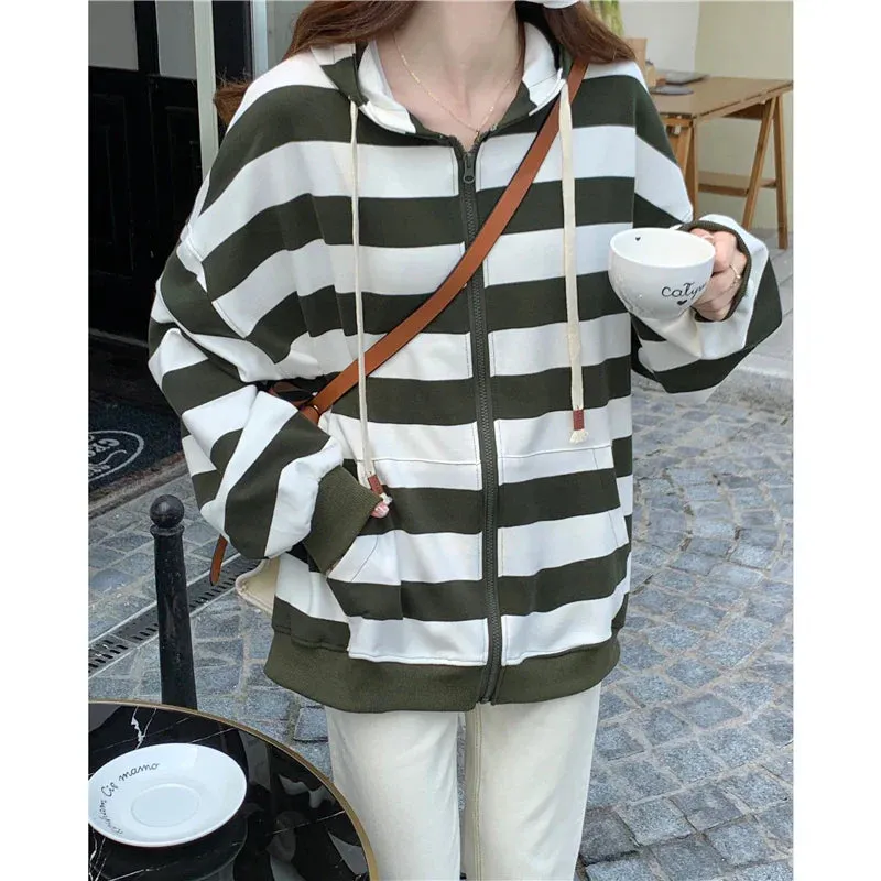 Metaversmall Korean Style Zipper Striped Female Hoodies Autumn Loose Casual Drawstring Streetwear Long Sleeve Women Sweatshirts