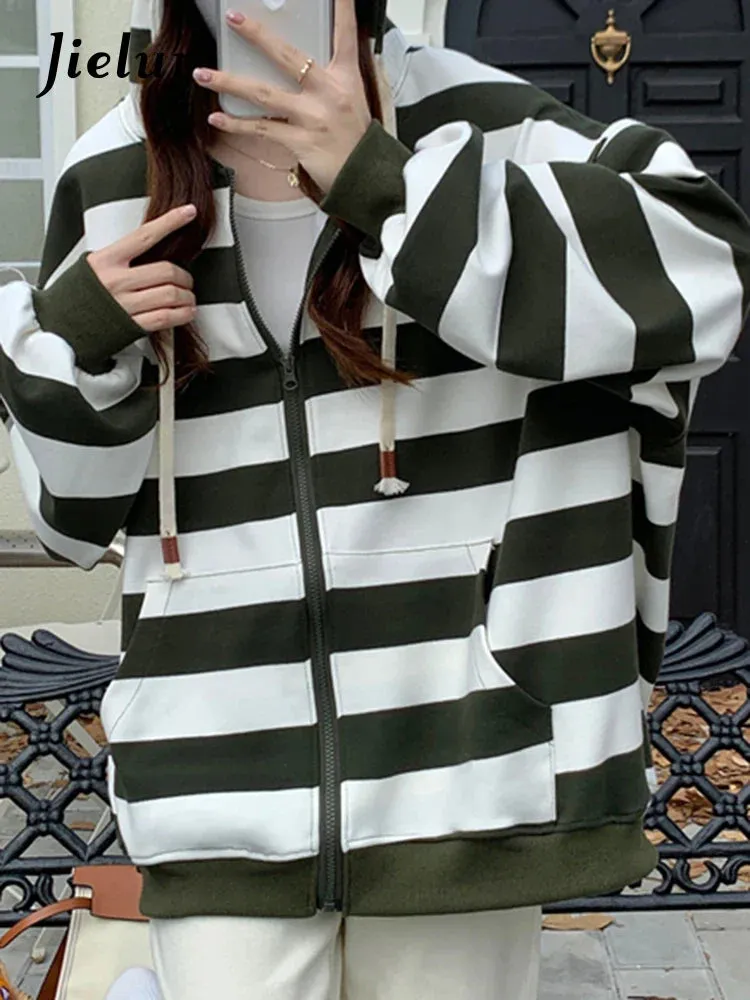 Metaversmall Korean Style Zipper Striped Female Hoodies Autumn Loose Casual Drawstring Streetwear Long Sleeve Women Sweatshirts