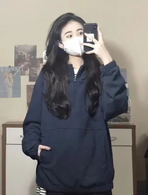 Metaversmall Navy Pullovers Vintage Women's Hoodies Solid Color Loose American Fashion Chic Zipper Casual Office Lady Simple Hoodies