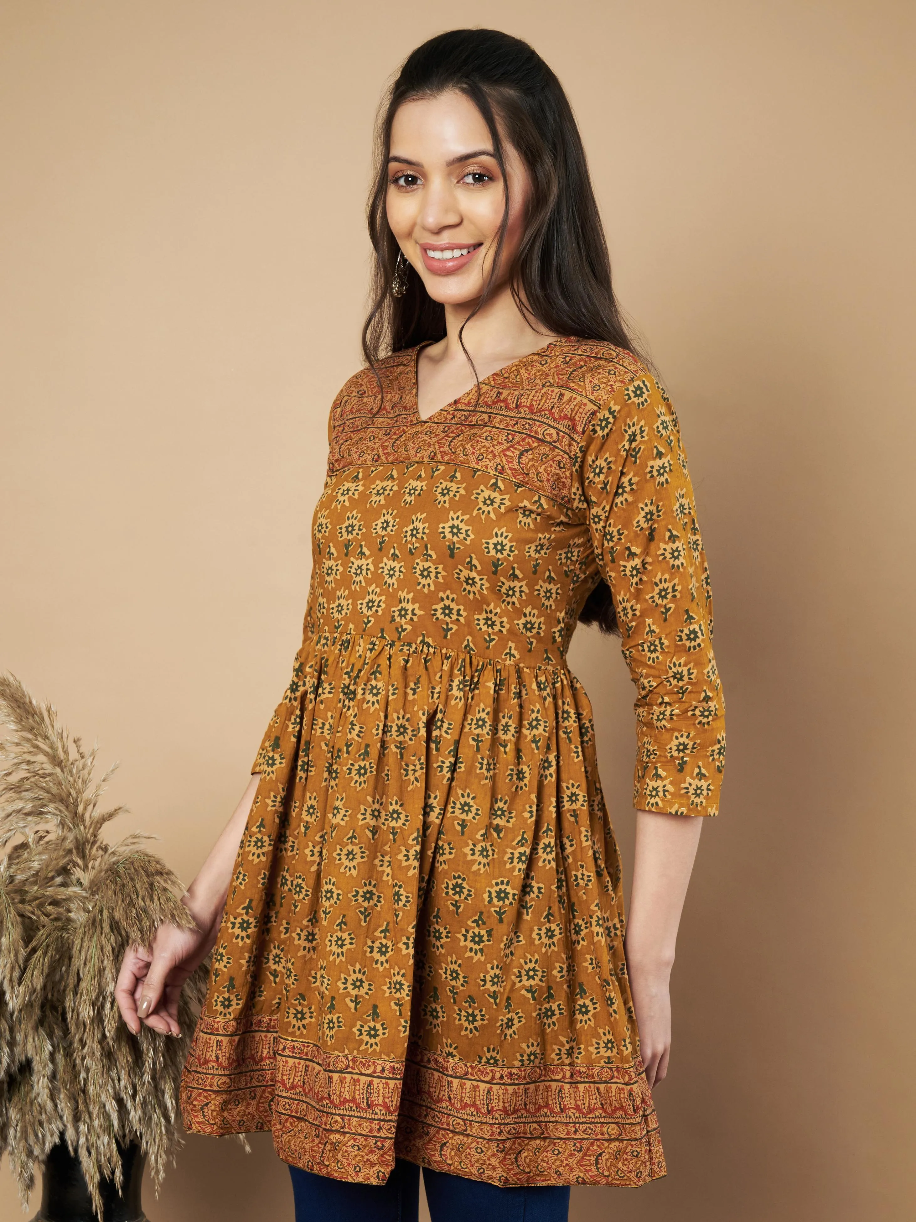 Mustard Color Floral Printed Flared Cotton Tunic