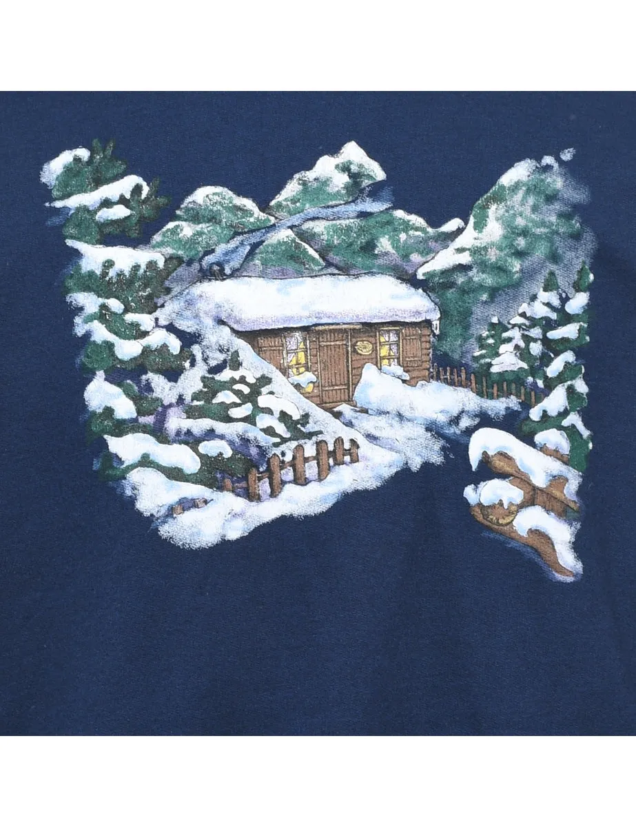 Navy Printed Christmas Sweatshirt - M