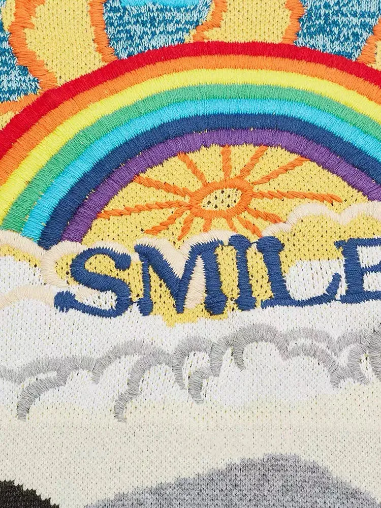 Oversized Sweater Women 2023 Fashion Rainbow Striped Embroidered Letters Knitted Pullovers Loose Casual Streetwear Tops C-119