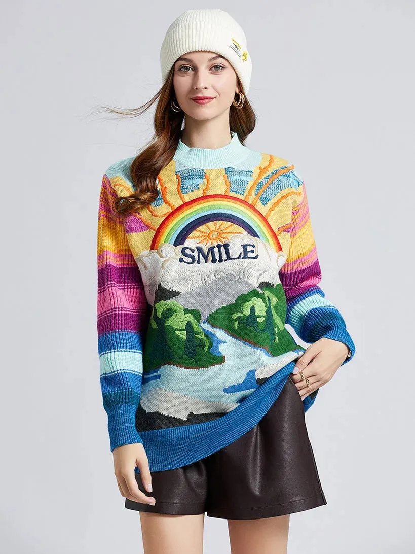 Oversized Sweater Women 2023 Fashion Rainbow Striped Embroidered Letters Knitted Pullovers Loose Casual Streetwear Tops C-119