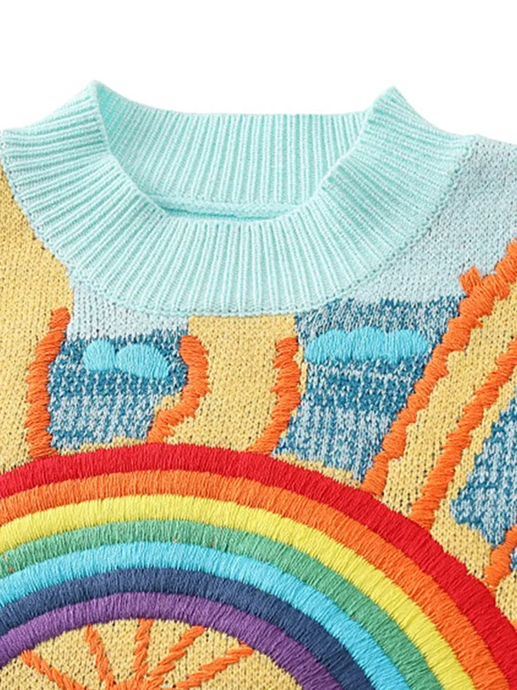 Oversized Sweater Women 2023 Fashion Rainbow Striped Embroidered Letters Knitted Pullovers Loose Casual Streetwear Tops C-119