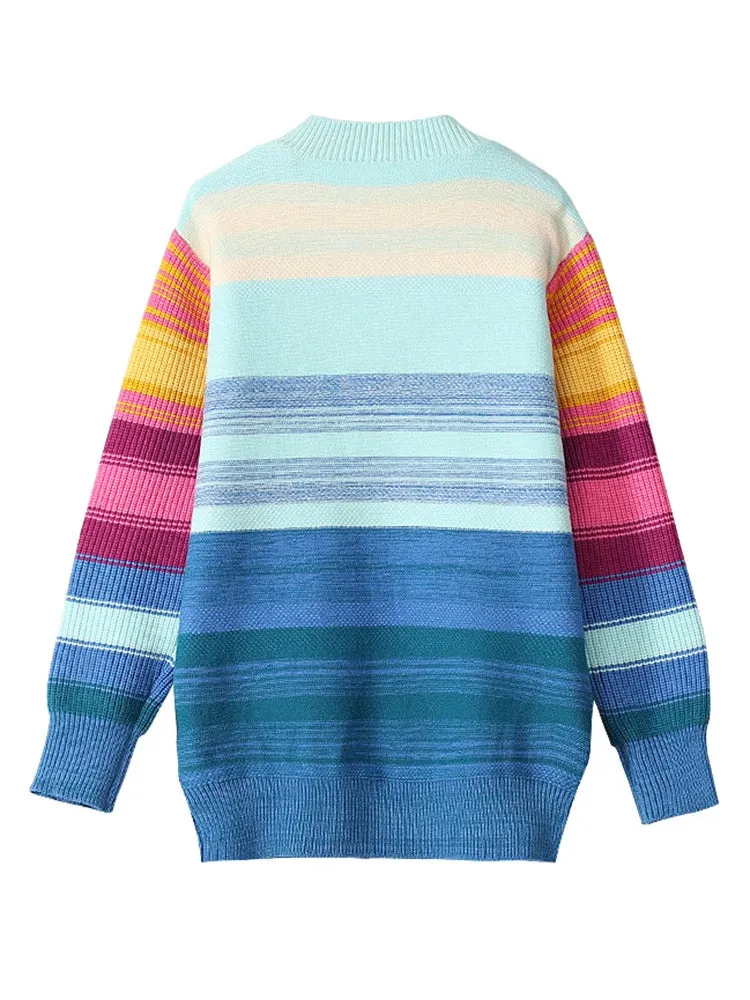 Oversized Sweater Women 2023 Fashion Rainbow Striped Embroidered Letters Knitted Pullovers Loose Casual Streetwear Tops C-119