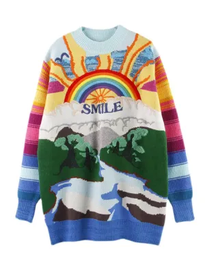 Oversized Sweater Women 2023 Fashion Rainbow Striped Embroidered Letters Knitted Pullovers Loose Casual Streetwear Tops C-119