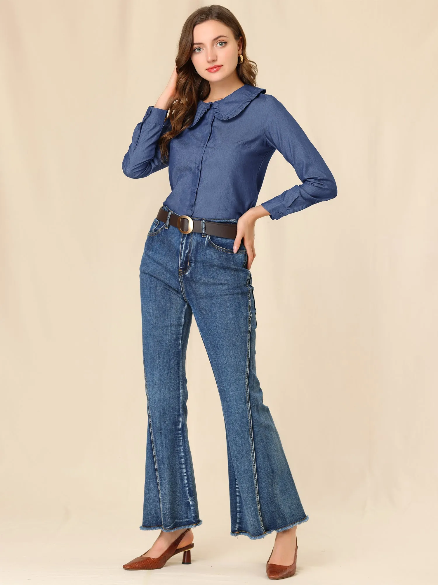 Peter Pan Collar Ruffled Button Down Denim Shirt
