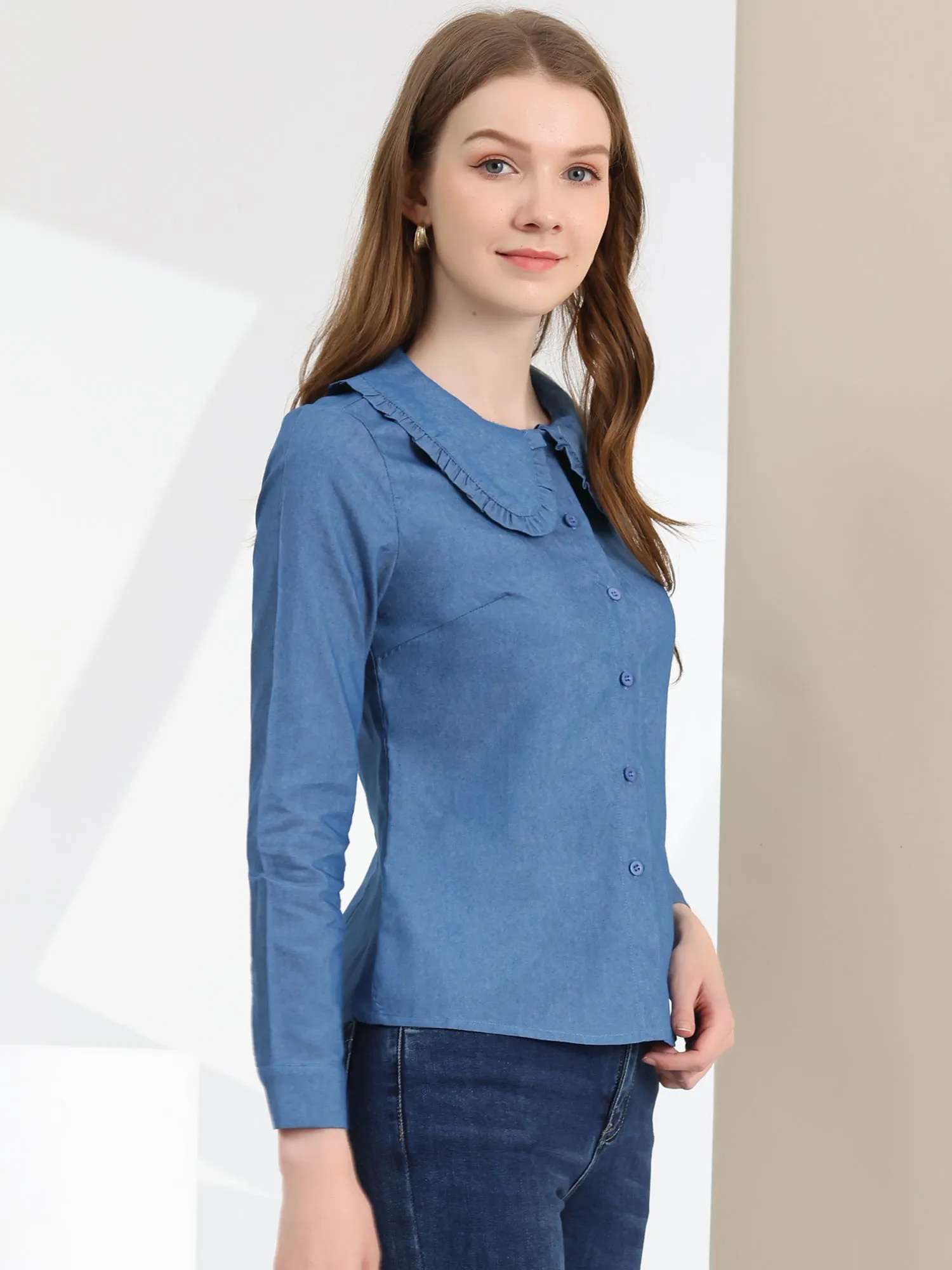 Peter Pan Collar Ruffled Button Down Denim Shirt
