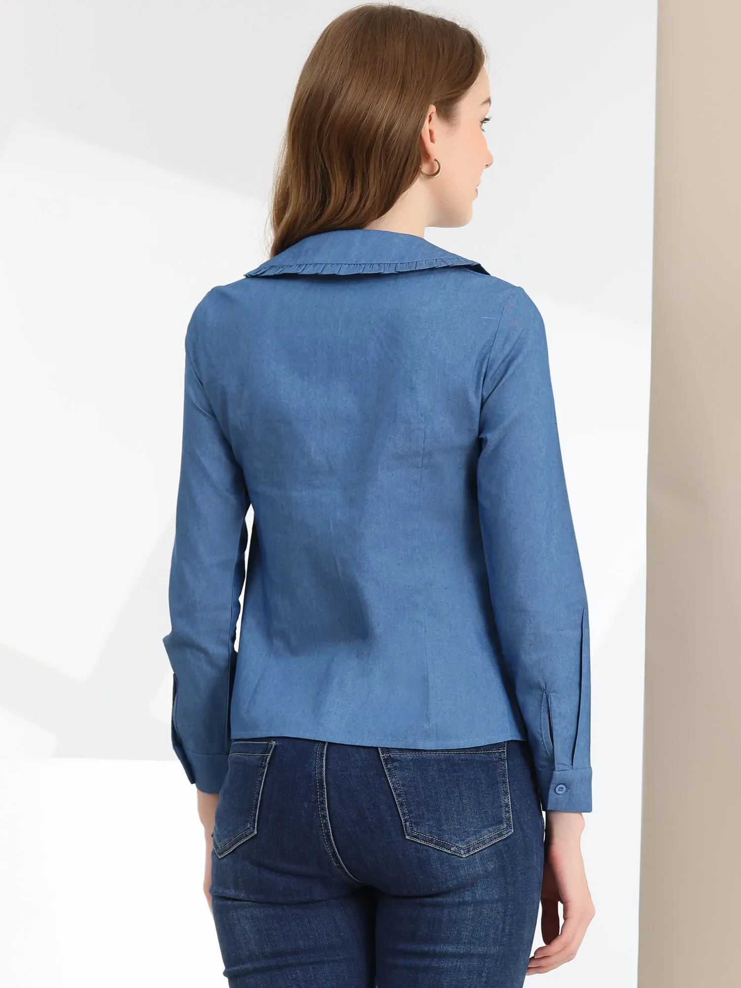 Peter Pan Collar Ruffled Button Down Denim Shirt