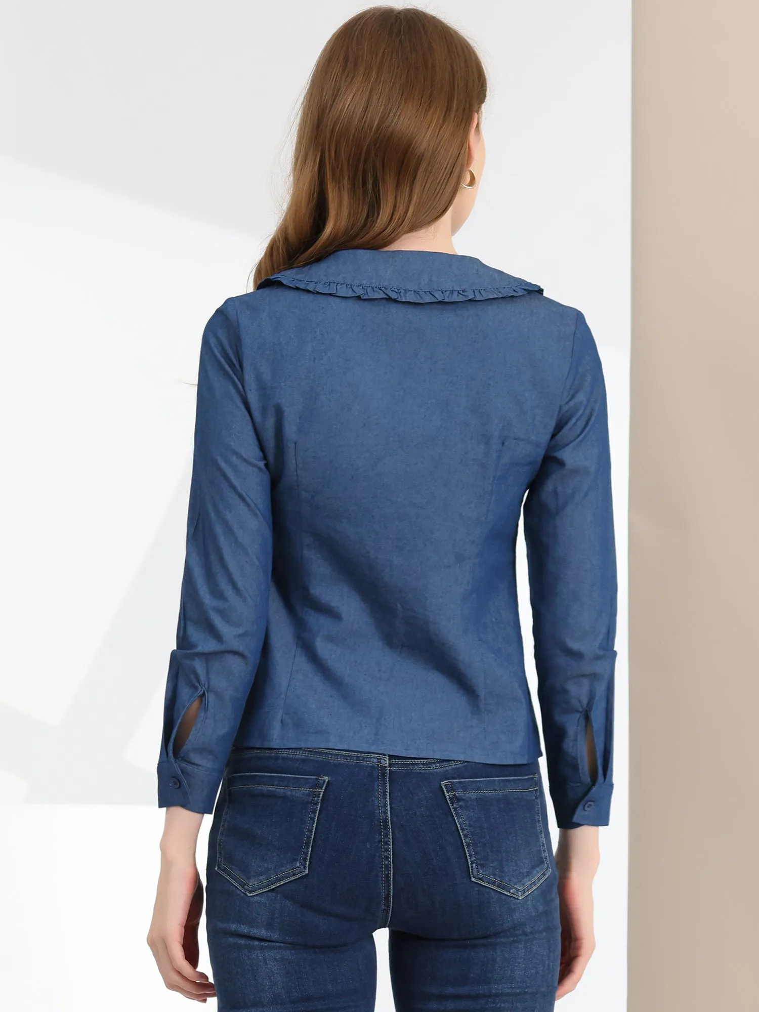 Peter Pan Collar Ruffled Button Down Denim Shirt