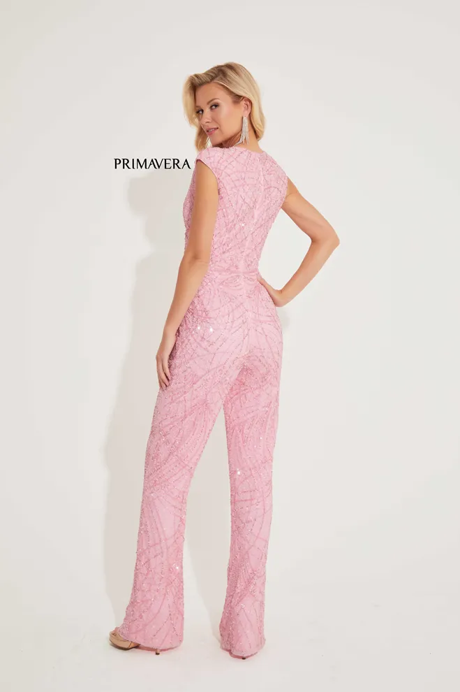 Primavera Couture 4275 Sequin Beaded Formal Jumpsuit Pageant Wear Cap Sleeves V Neckline
