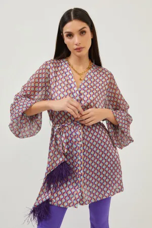 Print Purple/Orange Feather Detail Baloon Sleeve Tunic Blouse