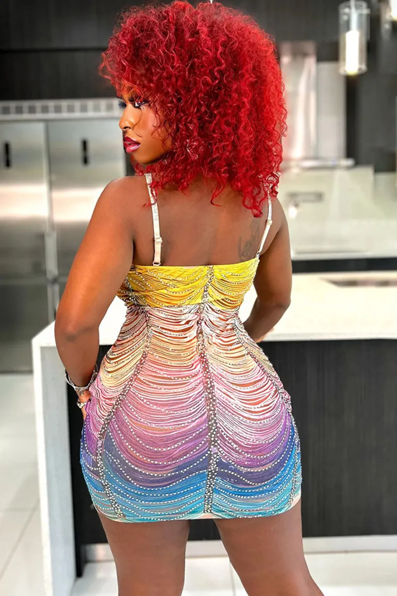 Rainbow Striped Rhinestone Bodycon Mini Dress