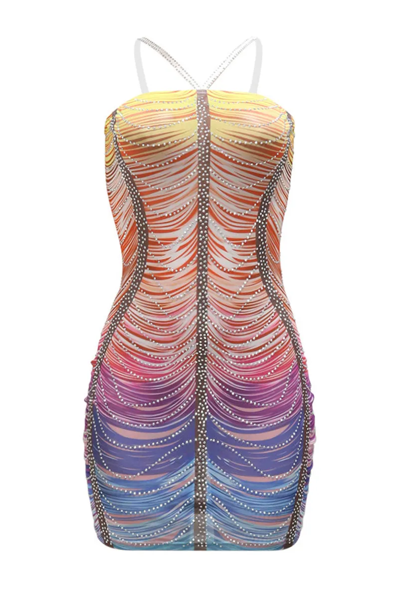 Rainbow Striped Rhinestone Bodycon Mini Dress