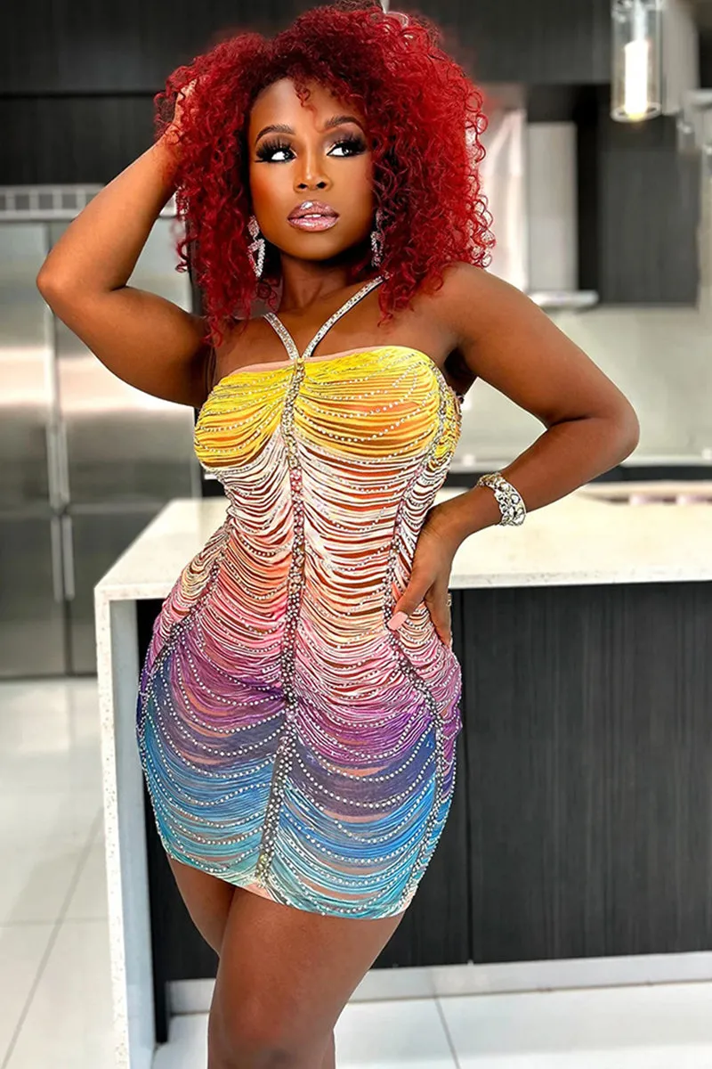 Rainbow Striped Rhinestone Bodycon Mini Dress