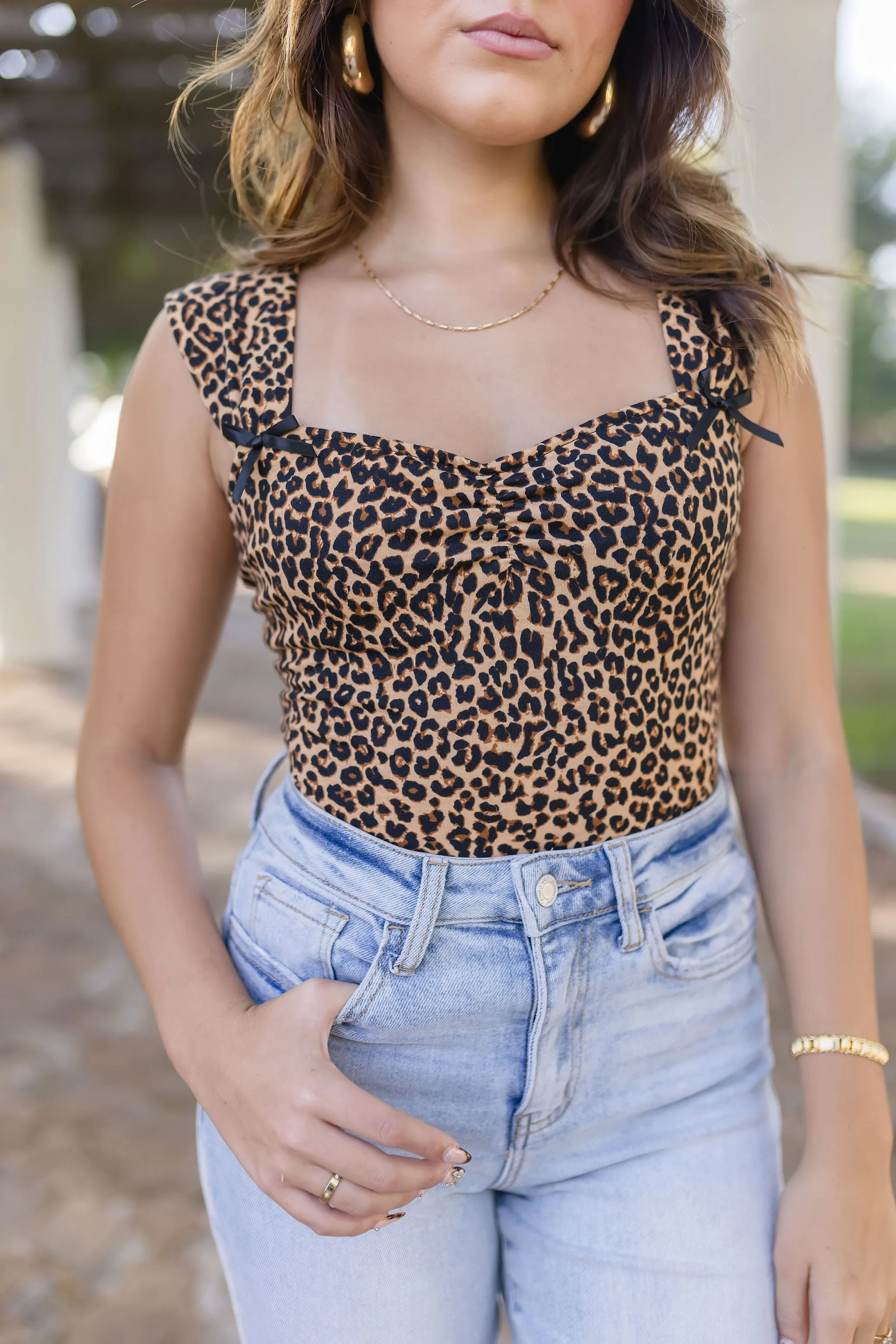 Rosie Sleeveless Ribbon Trim Leopard Print Bodysuit Brown