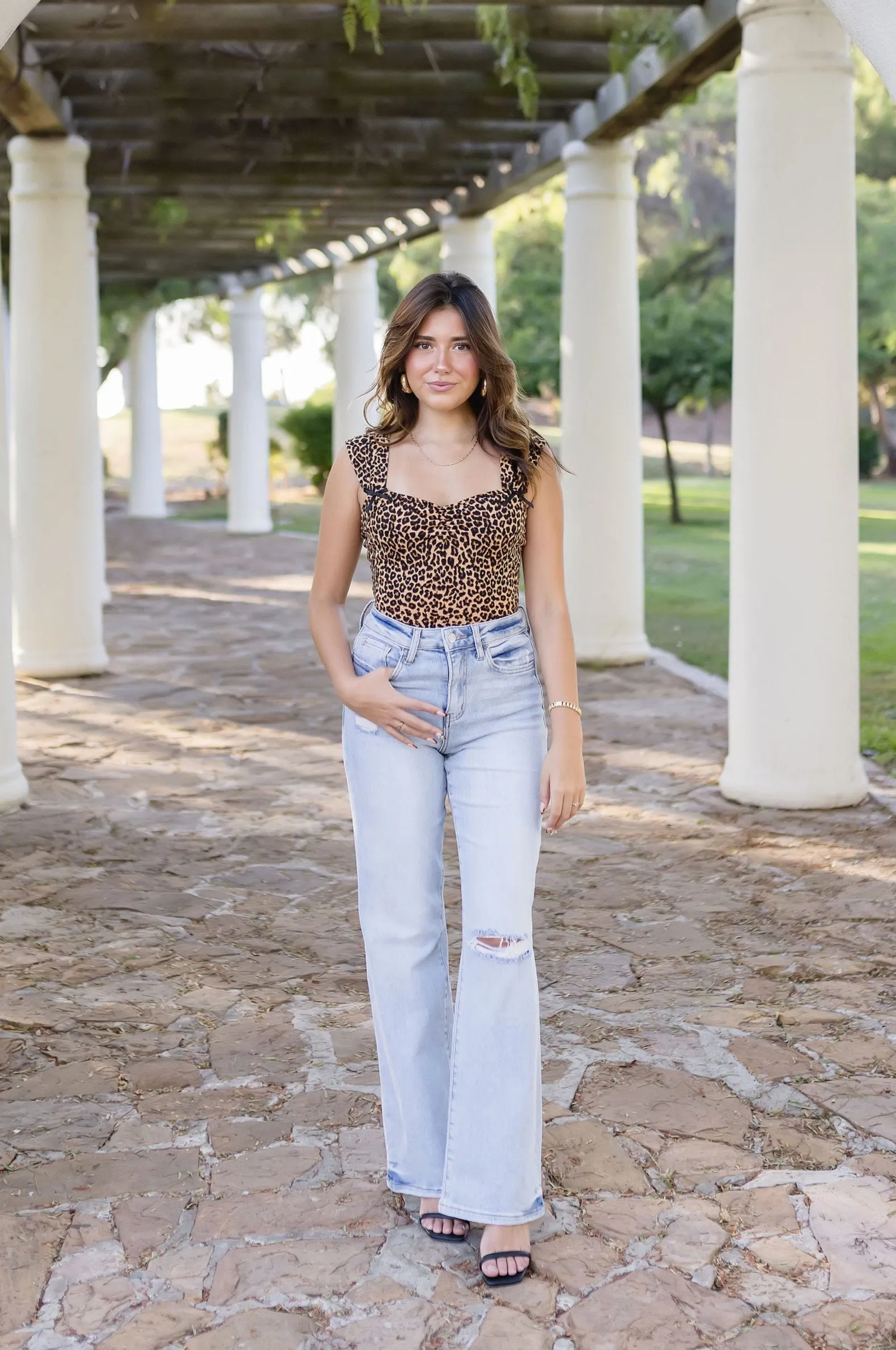 Rosie Sleeveless Ribbon Trim Leopard Print Bodysuit Brown