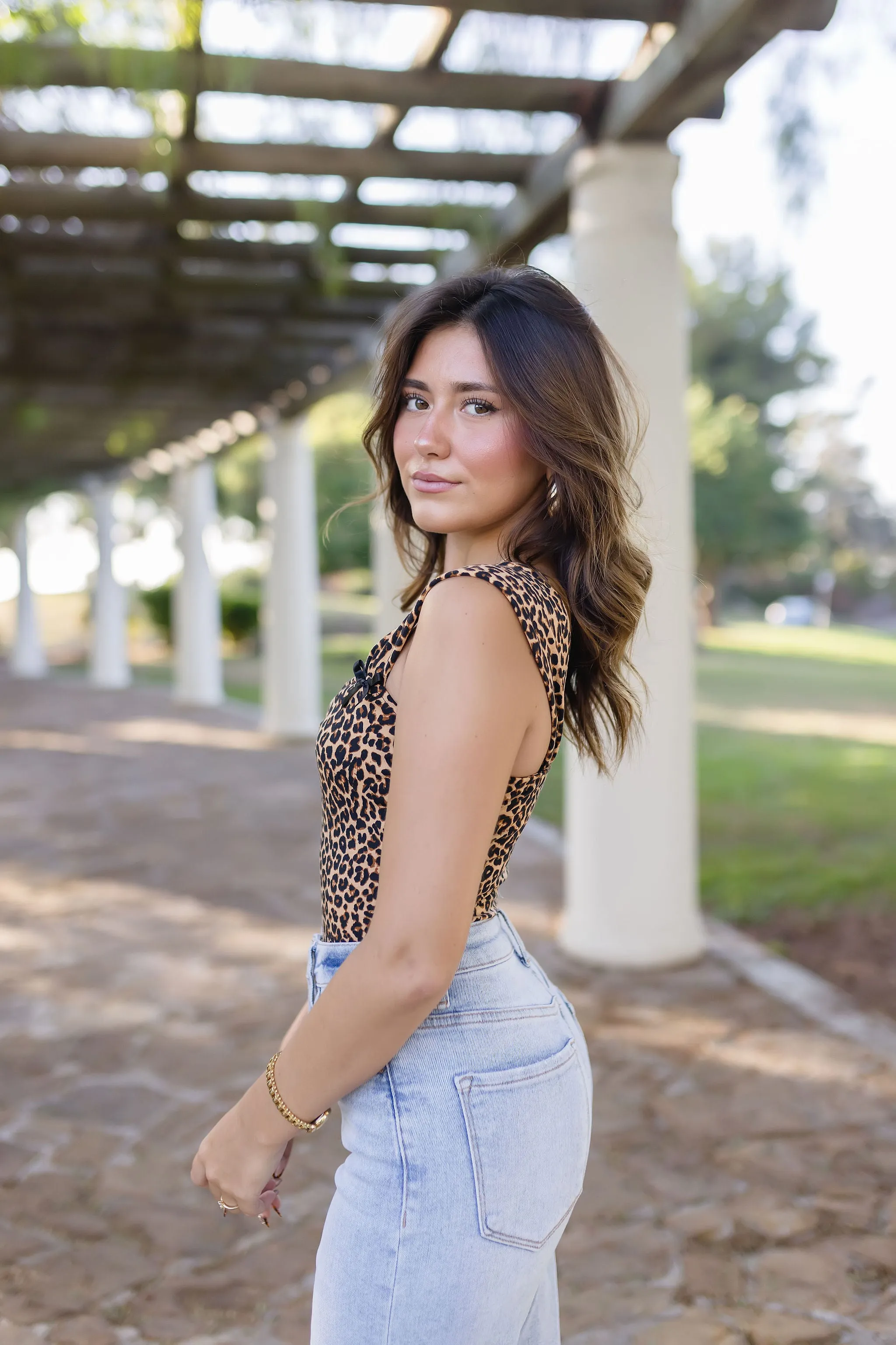 Rosie Sleeveless Ribbon Trim Leopard Print Bodysuit Brown