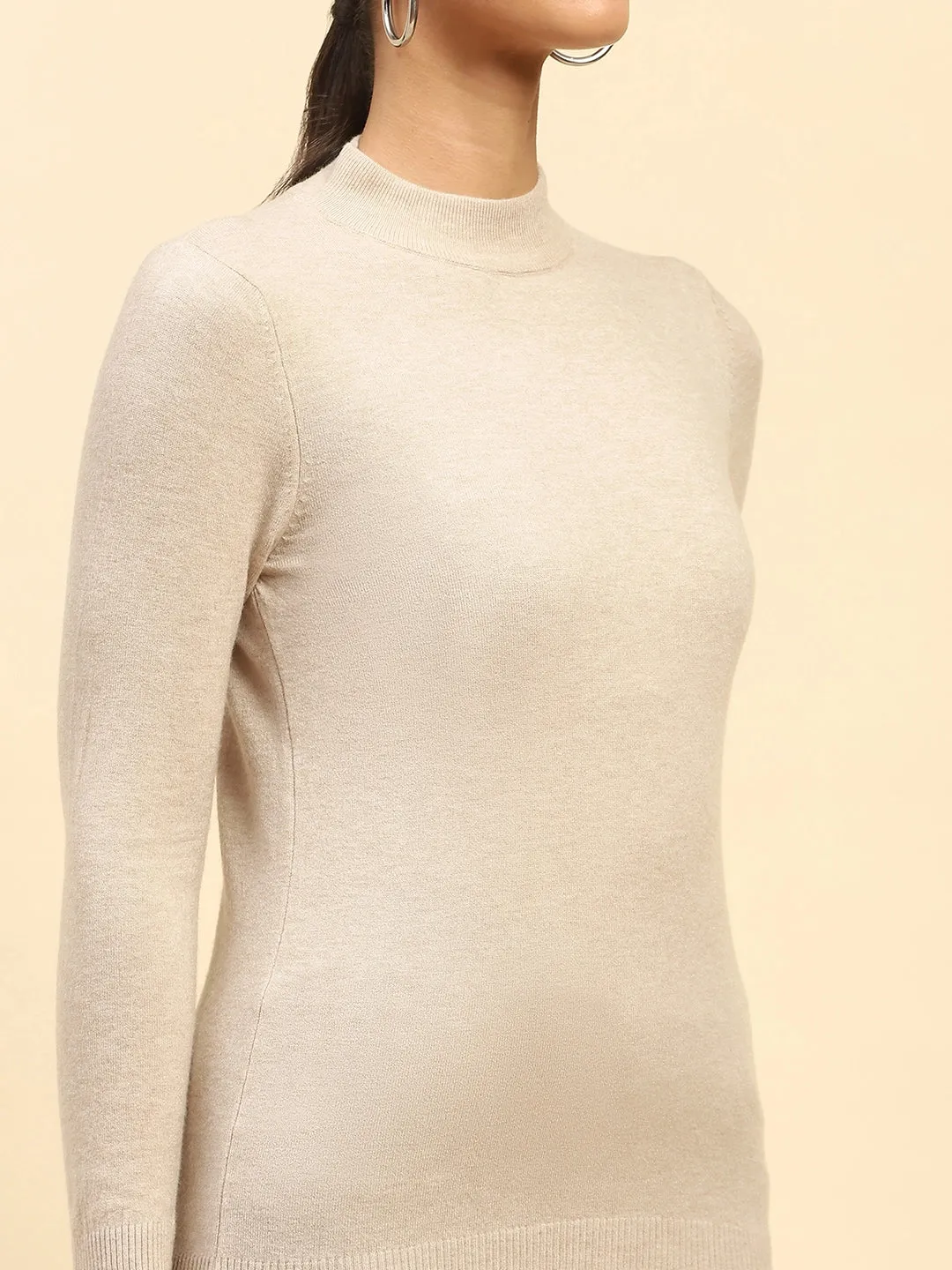 Sand Brown Solid Poly Blend High Neck Skivvy Pullover