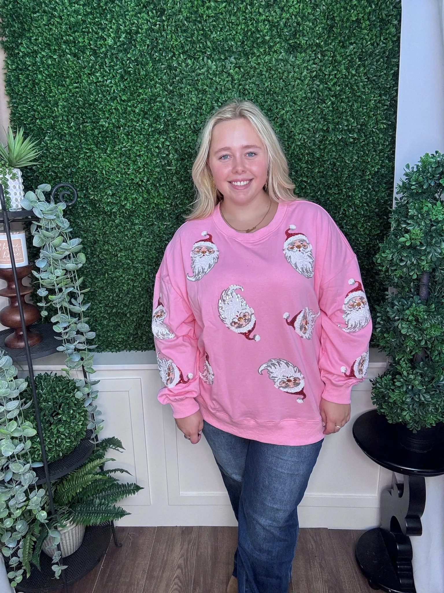 SEQUIN SANTA FRENCH TERRY SWEATSHIRT - PINK