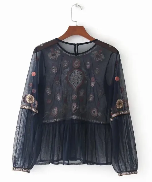 Sheer Mesh Floral Embroidery Peplum Top