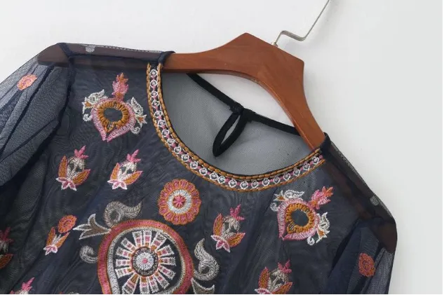 Sheer Mesh Floral Embroidery Peplum Top