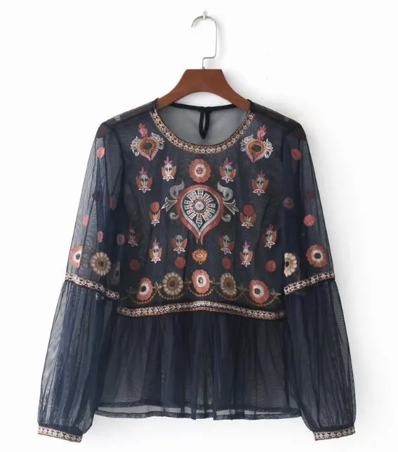 Sheer Mesh Floral Embroidery Peplum Top