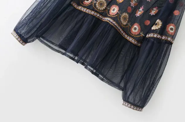 Sheer Mesh Floral Embroidery Peplum Top