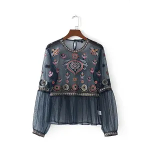 Sheer Mesh Floral Embroidery Peplum Top